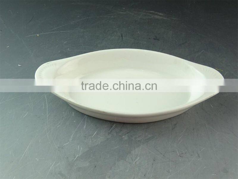 stocked white porcelain boat shaped plate, cheap baking plate with two ears