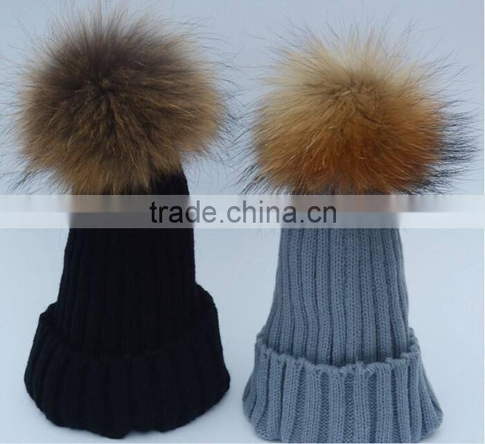 Children hat kids hat Children Winter Raccoon Fur Hats 100% Real 15cm Fur pompom Beanies Cap Natural Fur Hat For Kids Children