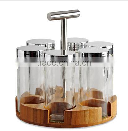 rotatable bamboo spice rack with spice jar and pepper mill grinder