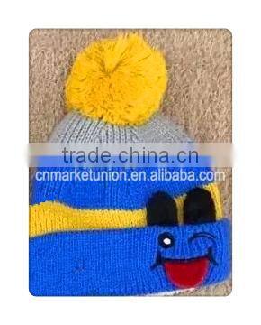 whole sale striated warm hat with happy face and top ball ,winter colorful caps