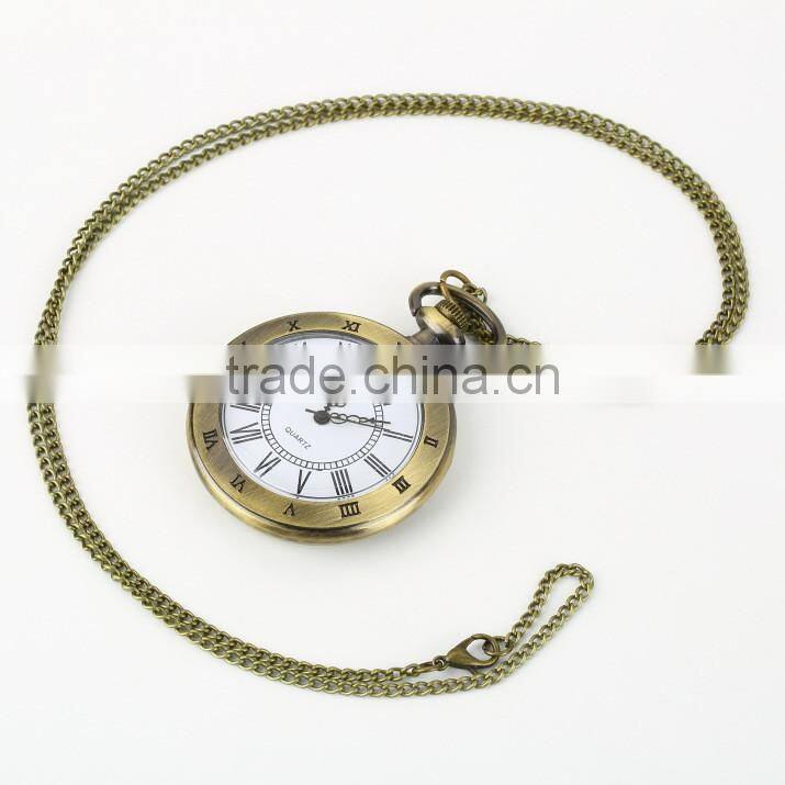 Antique Quartz Watch Bronze Roman Numerals Chain Necklace Pendant Quartz Empty Pocket Watch