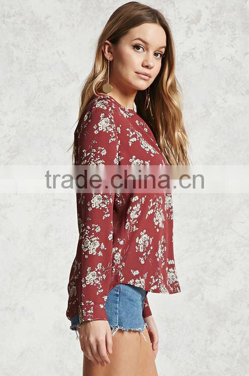 Woman Long Sleeve Stand-up Collar Button Down Floral Chiffon Blouse