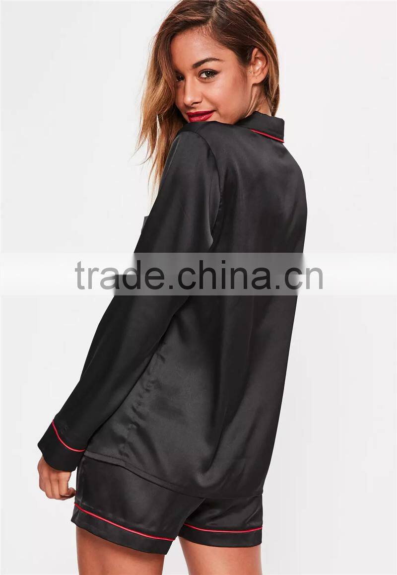 MGOO Custom Embroidery Logo Black Satin Pyjamas Sets For Women Long Sleeves Buttons Shirt Long Pants Nightwear