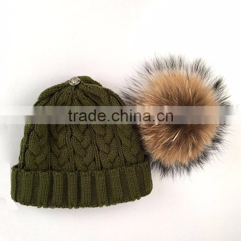 Myfur Khaki Green Wool Knitting Cap and Hat for Adults with Real Raccoon Fur Pom Pom