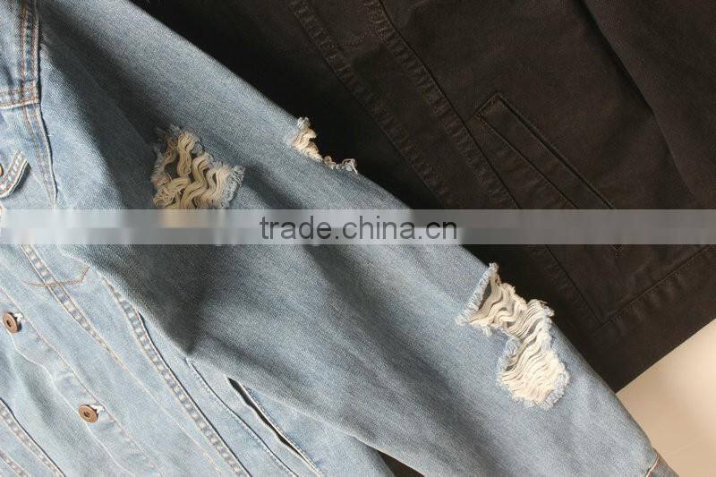 Men's washed distressed cotton/spandex button-up denim jacket with holes