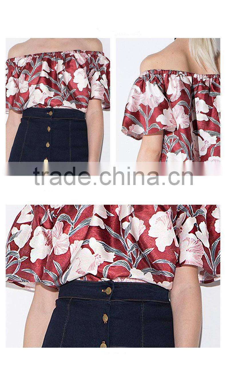 2016 ladies floral printing cross-collar boat neck strapless vintage shirt/blouse