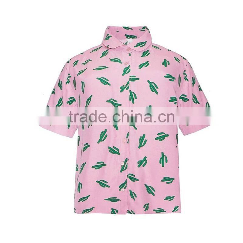 Women's sweet cactus print single-breasted 100% cotton casual short sleeve pink shirt