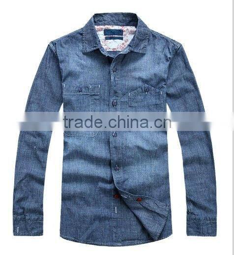 100% cotton dark blue washed cowboy long sleeve casual shirts for men with two pockets
