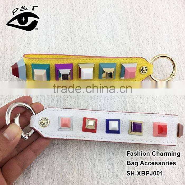 New design double PU leather with epoxy stone metal ring pendant for bags