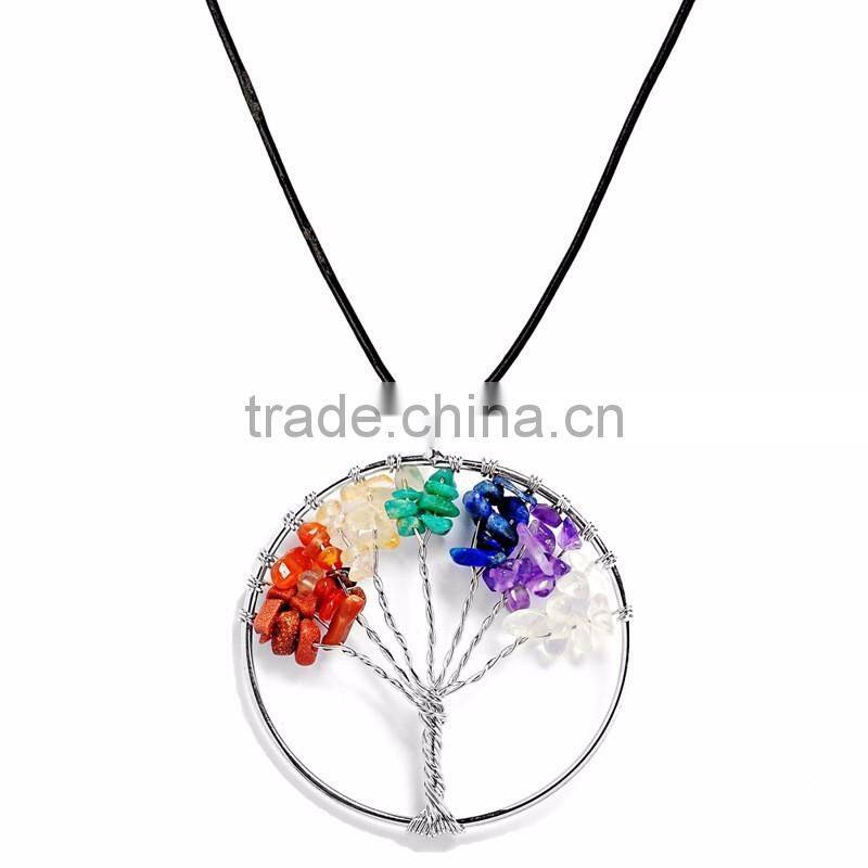 Natural Amethyst Reiki Chakra Tree of Life Crystal Wire Wrapped Pendant Necklace