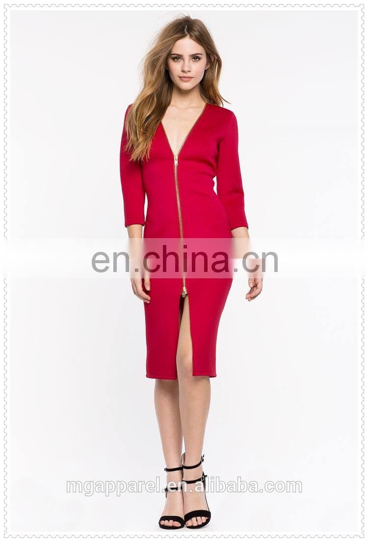 china fashion cheap sexy 3/4 sleeves zip front midi bodycon dress for women