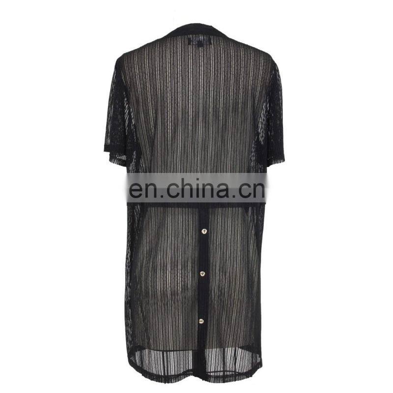 Stripe Jacquard Mesh See-Throught Old Women Long Cardigan Guangzhou Factory