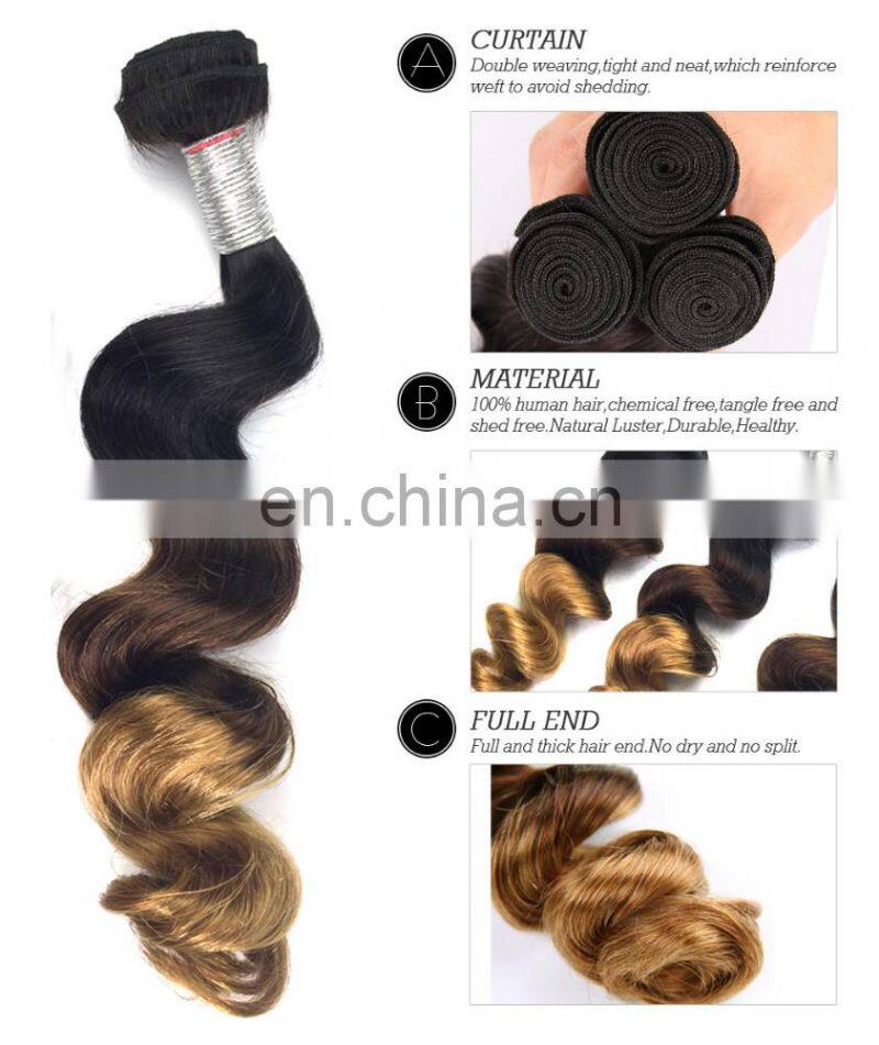 New Arrival Natural Color 3T Ombre Brazilian Human Hair Weaves, Loose Wave.
