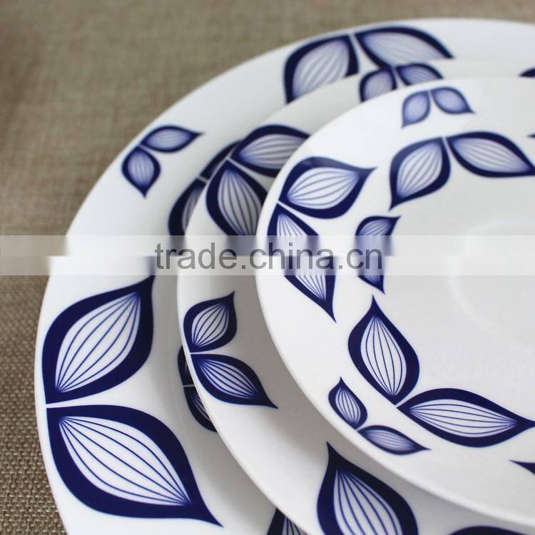 10.5 inch broadside round shape porcelain white glazed blue lotus flower decrated inexpensive Hebei factory 20PCS ceramic dinner