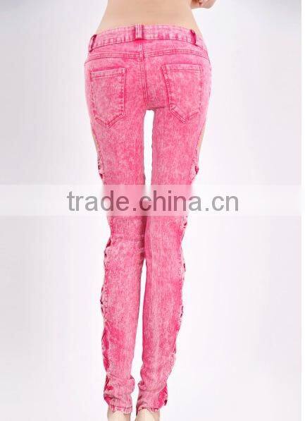 2016 Hot Sale Colored Bowknot Hollow-out design Women Skinny Denim Jeans