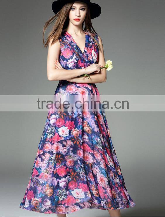 2016 new Spring/summer women Europe high quality v-neck roses printing chiffon dress posed long skirt waist