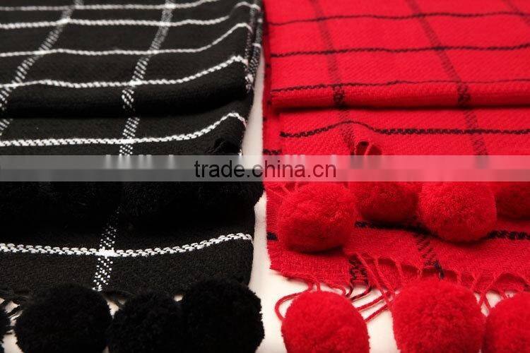 New Design Checked Plaid Acrylic Ball Fashion Ladies Winter Scarf