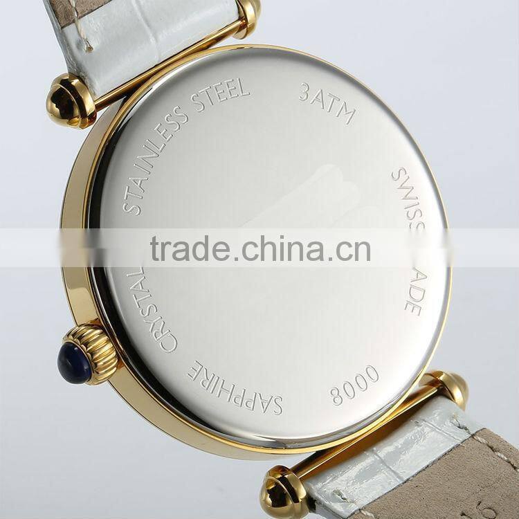 PVD gold ladies stainless steel case steel back watch japan quartz movement Sapphire glass with white double genuine leather
