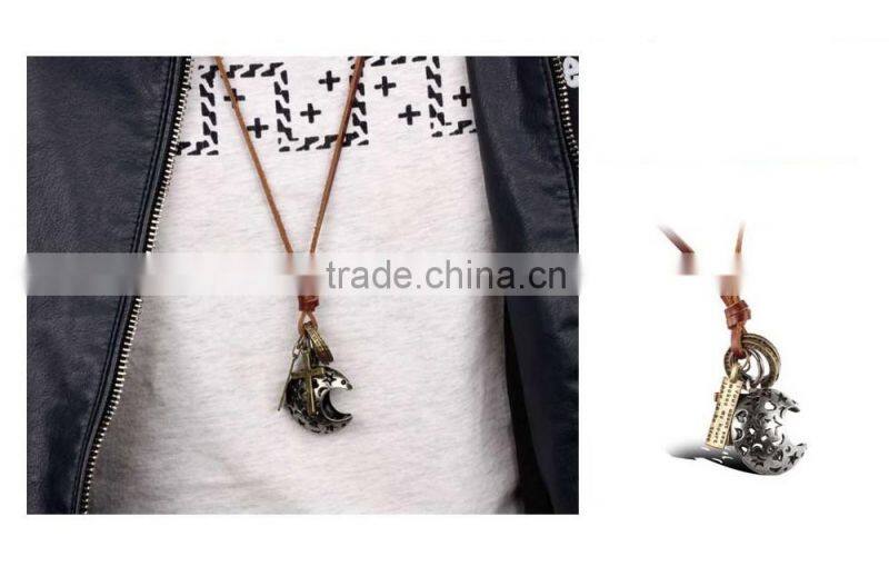 antique jewelry catholic religious items bronze moon necklace with geneuine leather chain