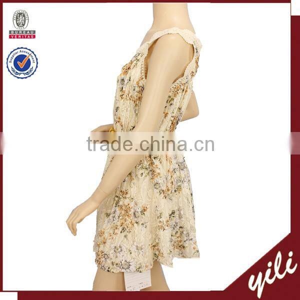 2016 new fashion sleeveless flower print lace contrast lady dress