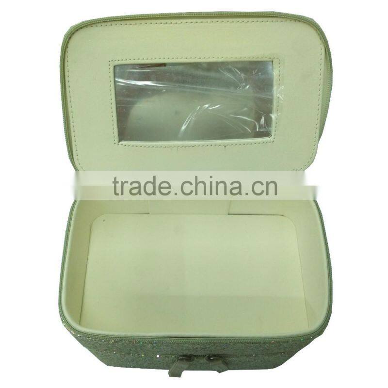 Yiwu bling double layers mirror solid sequin women luxury cosmetic bag