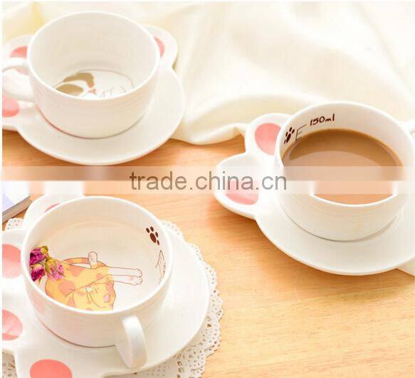 creative lovely pussy cat ceramic coffee mug set with tea tray, promotional pocelain kitty series of 2-piece suit