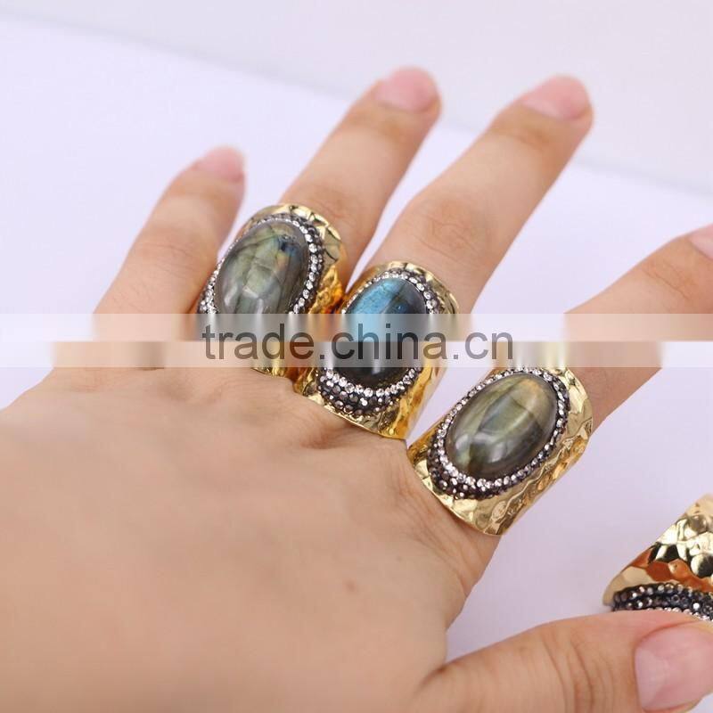 Natural Labradorite Stone Ring, Metal Gold Plated Ring, Pave Setting Crystal Jewelry Finger Gold Plated Druzy Ring