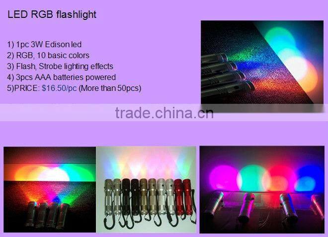Newest style battery powered 3W color changing RGB led multicolor 10 colors flashlight