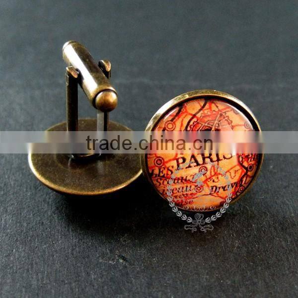 20mm vintage style antiqued bronze Paris old map art collage glass cabochon round cufflinks fashion wedding cuff links 6600036