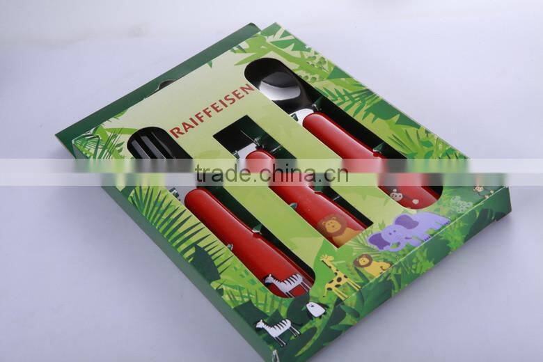 baby cutlery set stainless stee plastic handle packing into a beautiful paper box