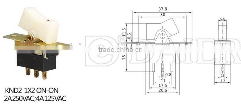 KND2 1*2 2A ON-ON rocker 250VAC toggle switch