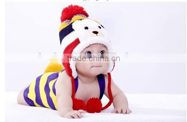 Crochet Baby Hat Stripe Pattern Cartoon Bear Design Thicken Kids Winter Caps