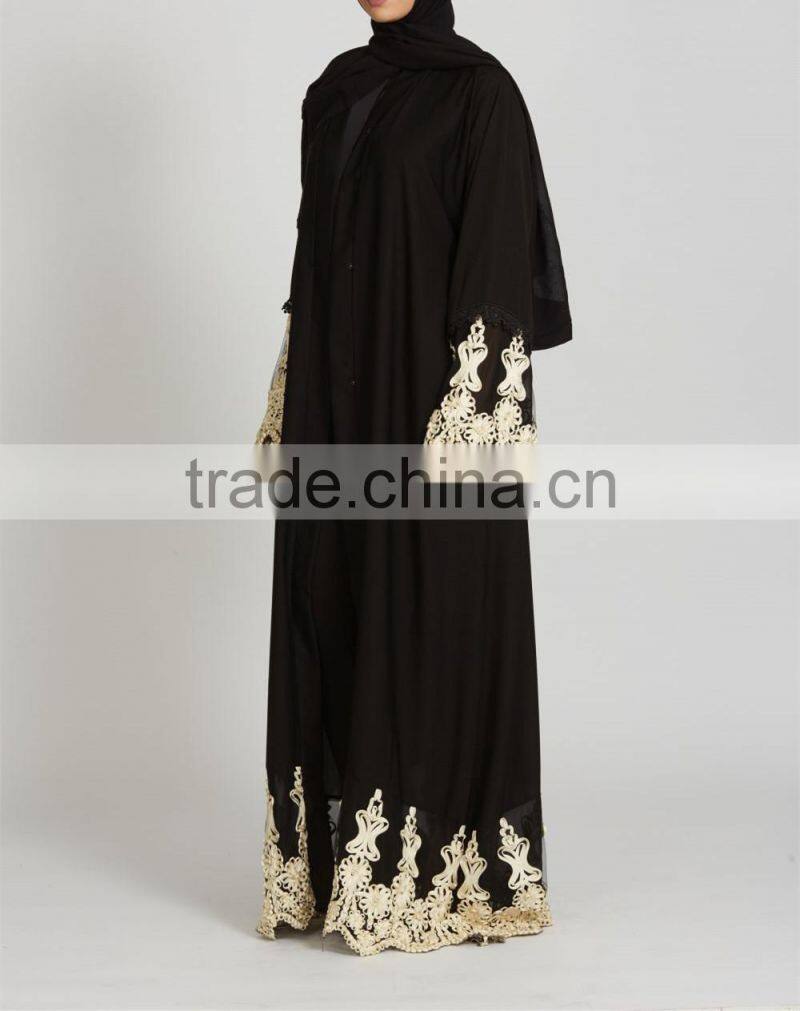 Dubai clothing OEM Beautiful lace detailing Pop up buttons Cream Lace Open Jacket Abaya