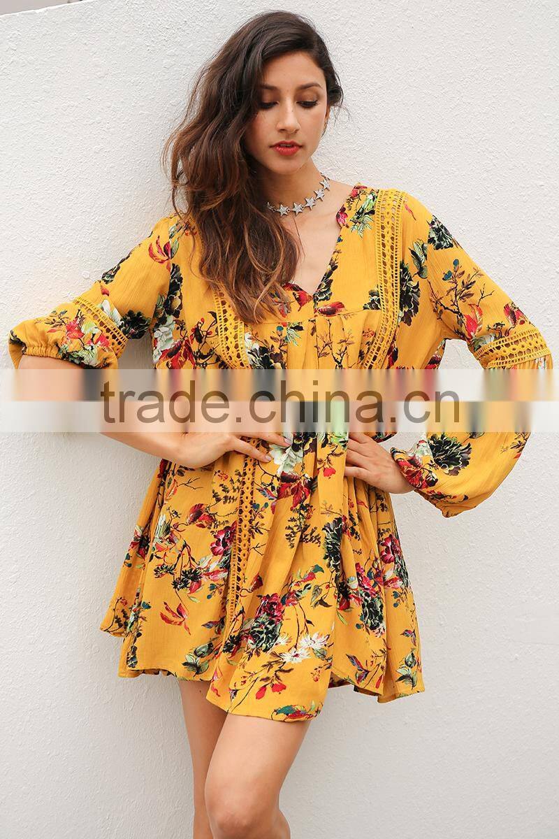 2017 hot sell vintage flower print lace summer boho dress women long lantern sleeve loose short dress women