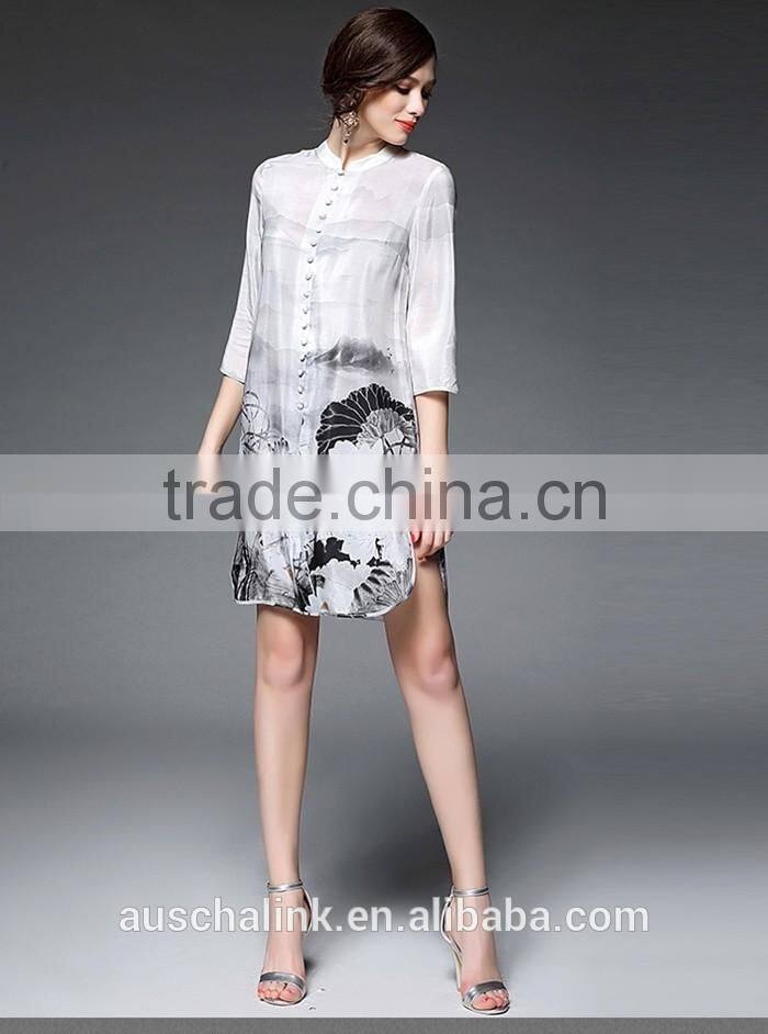 2016 newest summer woman white long chinese silk shirts OEM service
