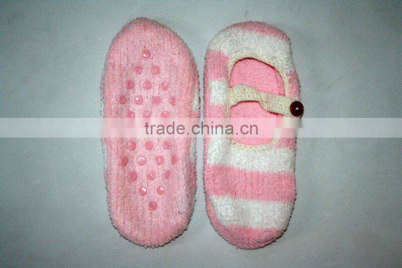 Polyester pink white striped fuzzy buttons no slip socks