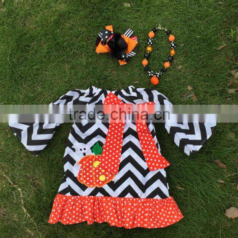 2015 new arrival girl pumpkin dress kids boutique dress halloween dress chervon dress with necklace and bow
