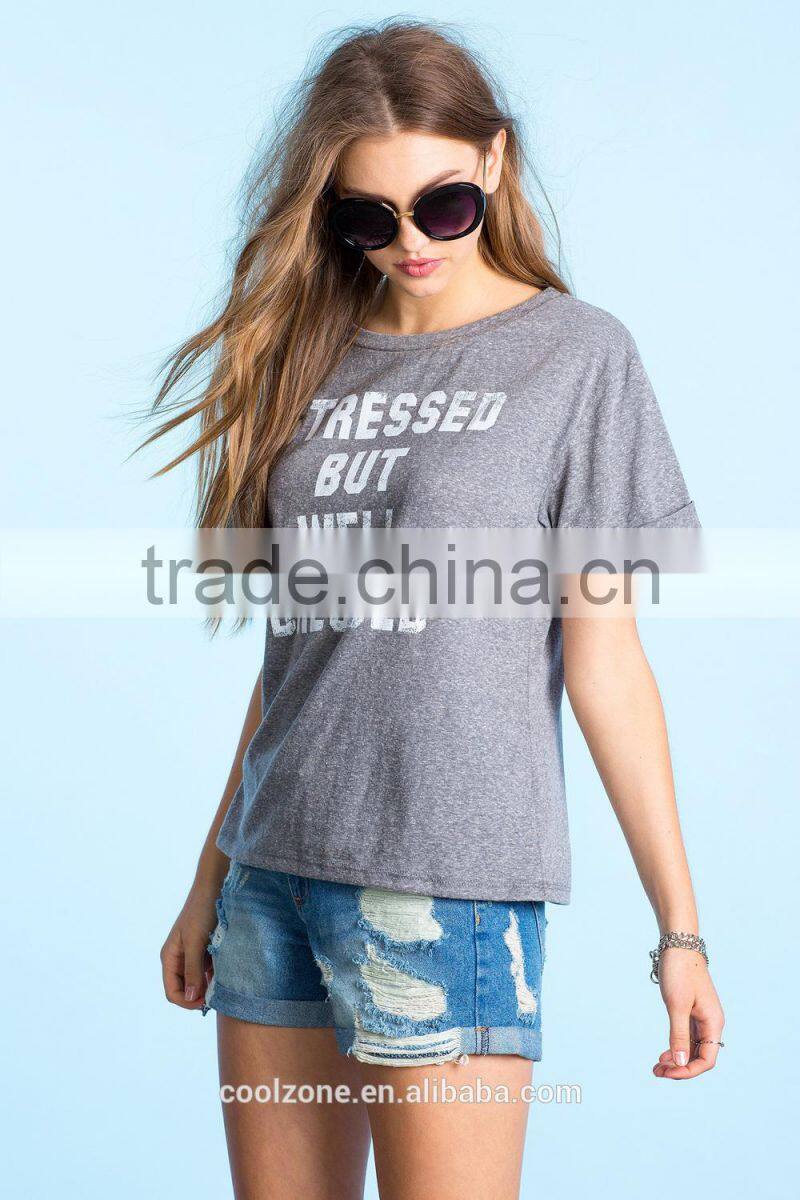 Custom rolled short sleeves t shirt wholesale graphic print t-shirt woman