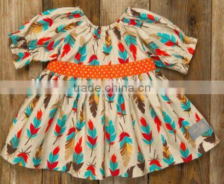 2017 Wholesale latest designs feather patterns girl fly sleeve skirt rural style