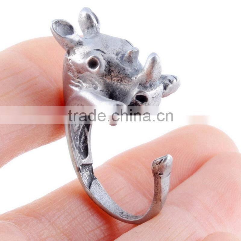 Rhinoceros Rings Animal Wrap Rings Silver Plated Jewelry Adjustable Retro Ring Resizable