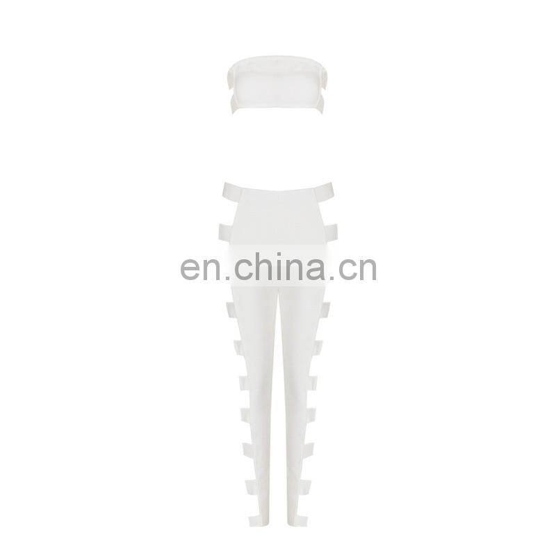 Amigo 2017 new design two piece sexy party wear long bandage pants suit with dew chest metal crop top and cut out pants