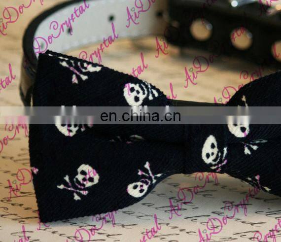 Black Dog Bow Tie attached to black leather collar, Skull bow tie, Black bow, Pet lovers, Goth Wedding