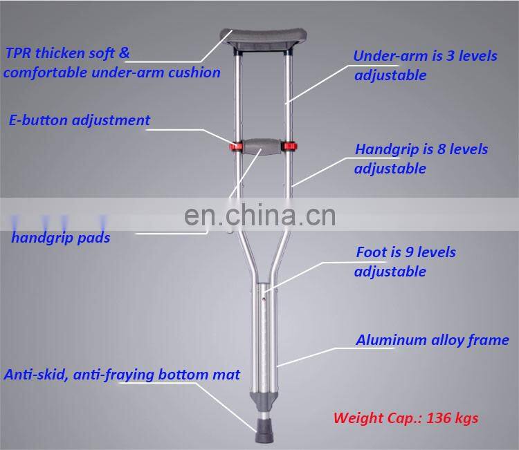 Lightweight Adjustable Aluminum Crutch/Aluminum Adjustable Crutch with Comfortable Underarm Pad and Handgrip