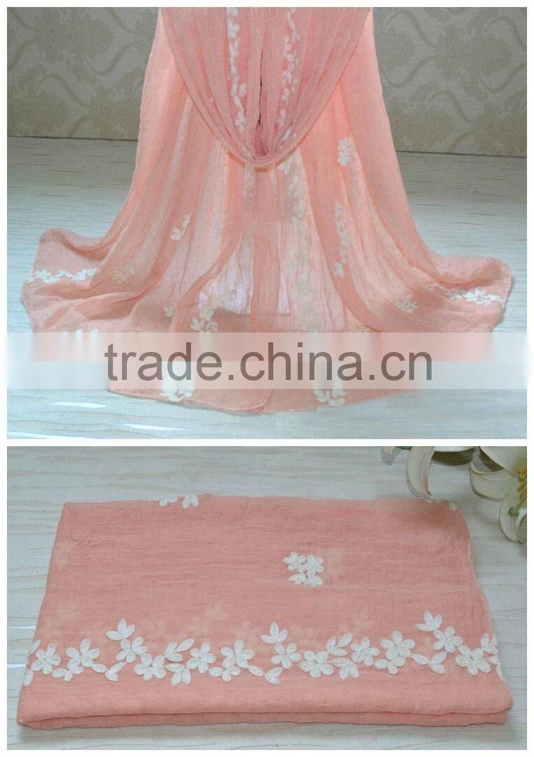 Beautiful Flower Leaf Embroideried Muslim Women Head Scarf Cotton Hijab