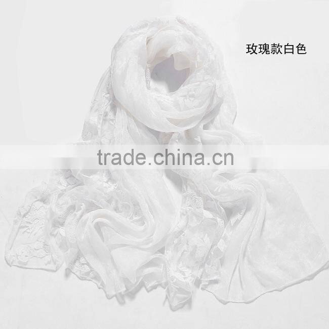 Korea Lady Fashion Flower Embroidery Double Layered Lace Chiffon Scarf