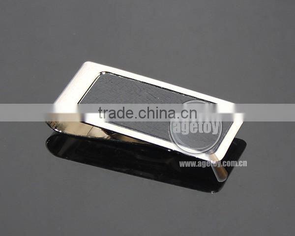 Men Style Fashion Stainless Steel Metal Black Genuine Leather Money Clip