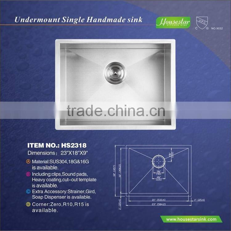 American Hot Sale Undermount Kitchen Sink Single Bowl Stainless Steel Handmade Sink With cUPC Certificate 2318A