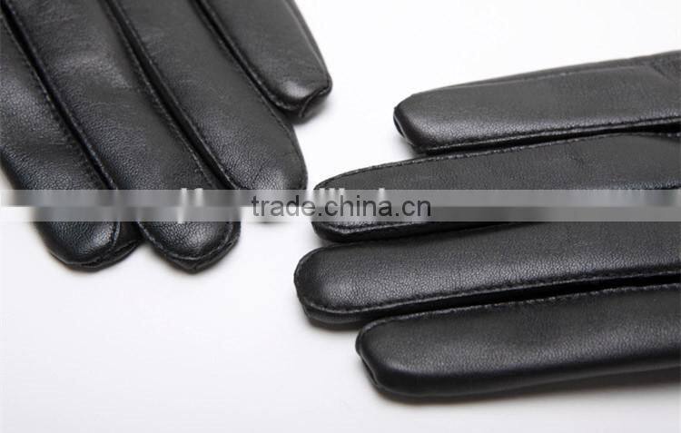 Delicate Sheep Fur Leather Gloves With Blue Fox Fur Pompom Flannelette Inside