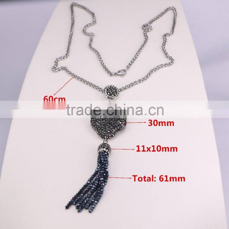 Clover Pendant Beads Tassel Necklace, Gem Stone Druzy Pendant, With Crystal Paved Crystal Tassel Jewelry, Stone Chain Necklace