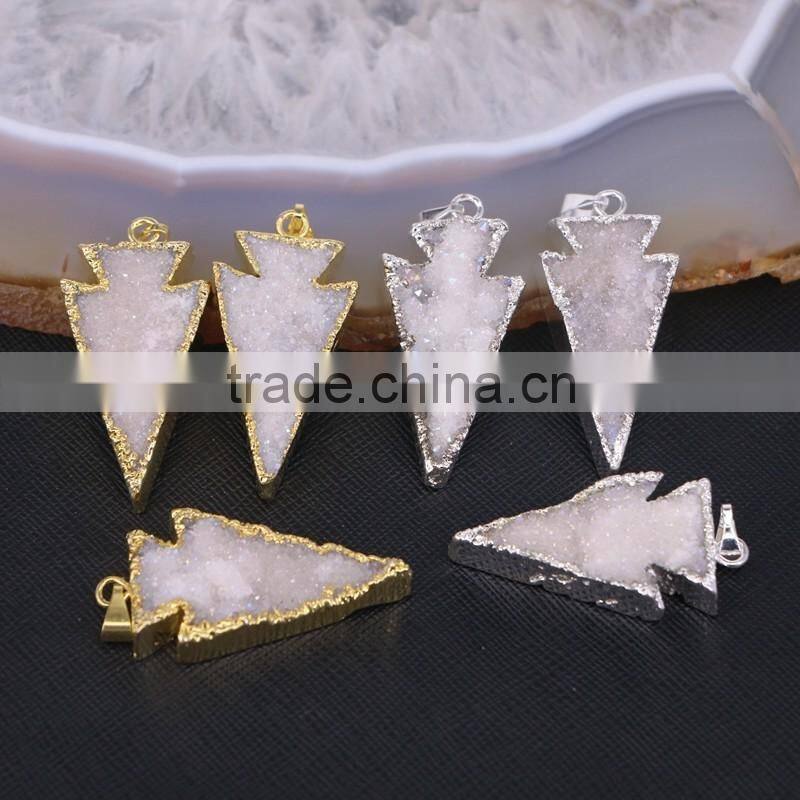 Arrow shape Quartz Gem Stone Druzy Pendant, Gold / Silver Plated Titanium AB Orange Crystal Drusy Stone Pendant